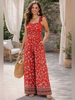 Xhilaration Red Floral Jumpsuit Medium Wide Leg Boho Smocked Ruffle Sleeveless